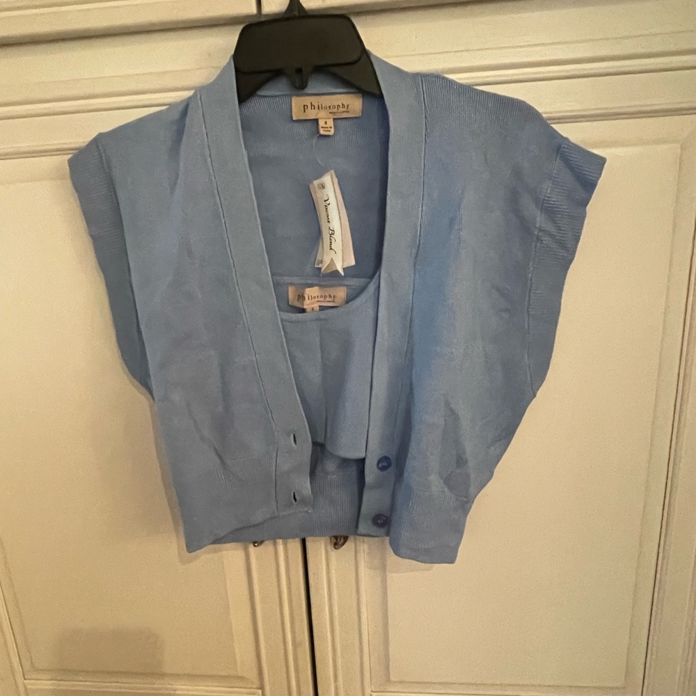 NWT Philosophy Size S Light Blue Sleeveless Cardigan and Top Set